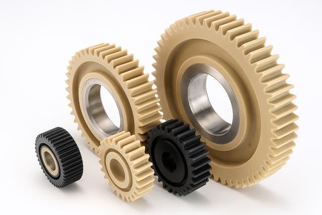 PEEK gears and bearings with low friction and strength for aerospace, automotive, and industrial uses.